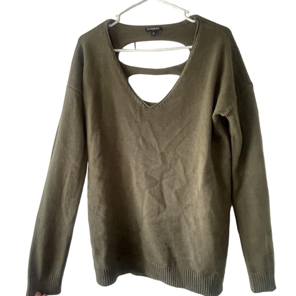 Women's Express Olive Green V-Neck Sweater with Cutouts Size XS